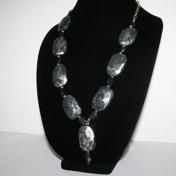 Large silver and gray faux stone necklace 25"